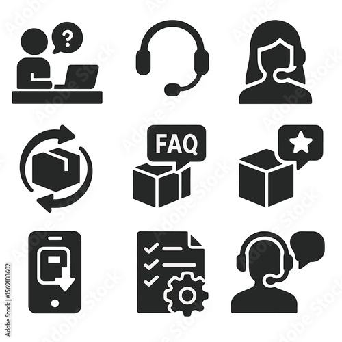 Delivery Support Icons. Solid vector icons of delivery support services: help desk icon, customer inquiry headset, delivery