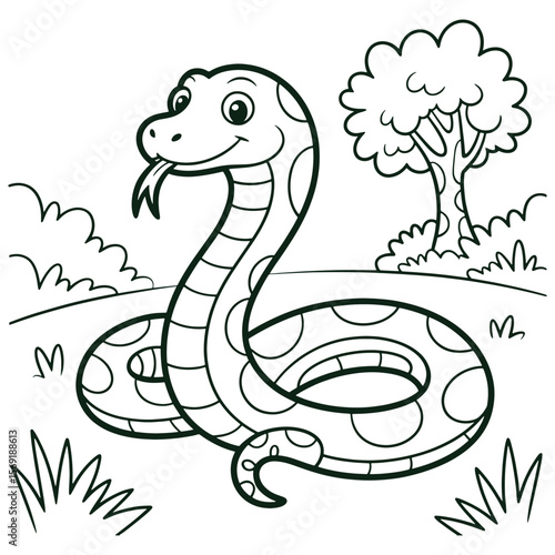 Cute Cartoon Snake in Nature Scene Black and White Coloring Page for Kids
