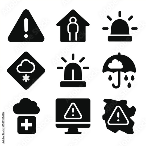 Weather Safety Icons. Solid vector icons of weather safety and alerts: weather warning triangle, storm shelter icon, emergency