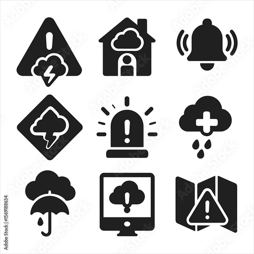 Weather Safety Icons. Solid vector icons of weather safety and alerts: weather warning triangle, storm shelter icon, emergency