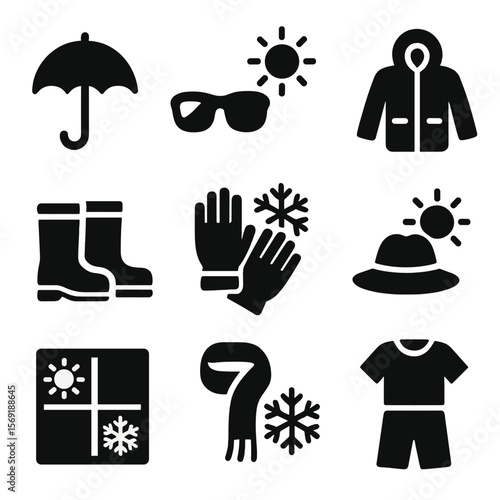 Weather-Ready Clothing Icons. Solid vector icons of clothing and weather readiness: umbrella icon, sunglasses with sun, winter