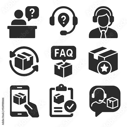 Delivery Support Icons. Solid vector icons of delivery support services: help desk icon, customer inquiry headset, delivery