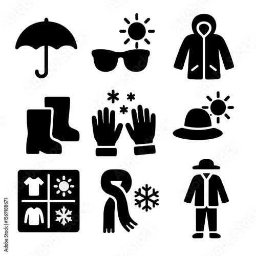 Weather-Ready Clothing Icons. Solid vector icons of clothing and weather readiness: umbrella icon, sunglasses with sun, winter