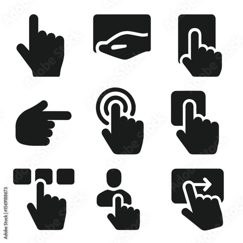 Interface Hand Gestures. Solid vector icons of interface hand signals: pointing finger gesture, hand hovering icon, open palm on