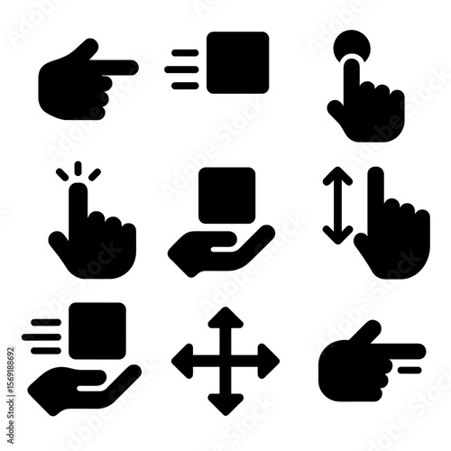 Gesture Icon Set. Solid vector icons of drag and drop gestures: finger dragging icon, item with movement trail, finger holding