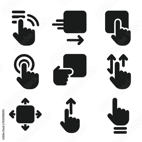 Gesture Icon Set. Solid vector icons of drag and drop gestures: finger dragging icon, item with movement trail, finger holding