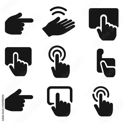 Interface Hand Gestures. Solid vector icons of interface hand signals: pointing finger gesture, hand hovering icon, open palm on