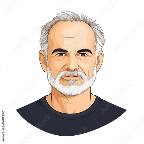  Mature man with beard serious expression white background illustration