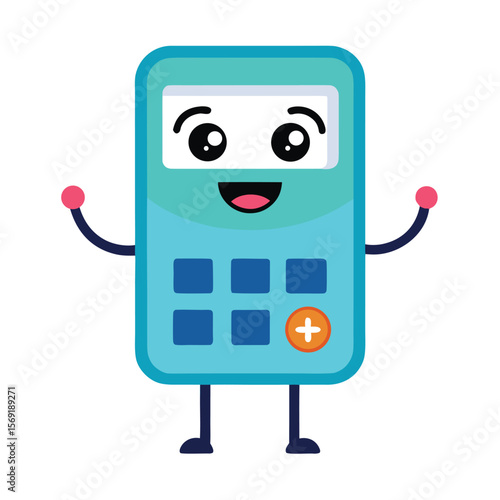 A cartoon calculator is solving equations with a happy face, a symbol of math, learning, and finding a solution.