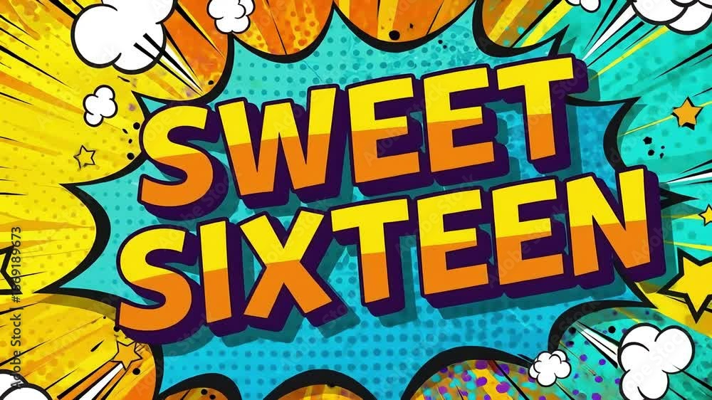 Animated Sweet Sixteen Text on Comic Background with Cartoon Effects Animated Sweet Sixteen Text on Comic Background with Cartoon Effects