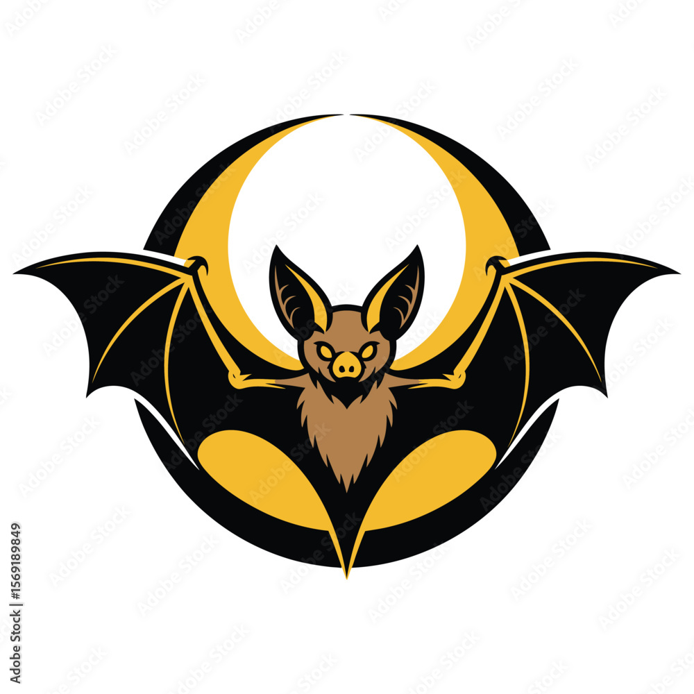 Obraz premium Circular bat logo with upward wings yellow eyes and black outline on white background