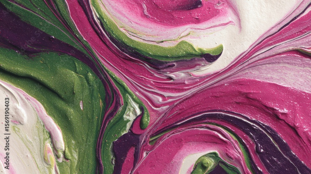 Obraz premium Intricate closeup of colorful paint swirls featuring a harmonious mix of green pink and purple. The flowing liquid creates a dynamic texture that evokes creativity making it an excellent