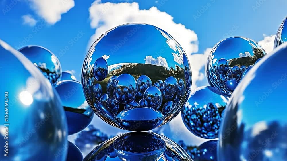 Shiny blue spheres reflecting a sky with clouds Shiny blue spheres reflecting a sky with clouds