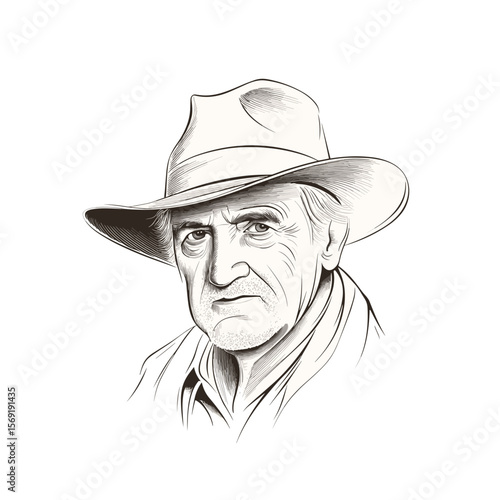 Mature man in cowboy hat serious look sketch style white background illustration