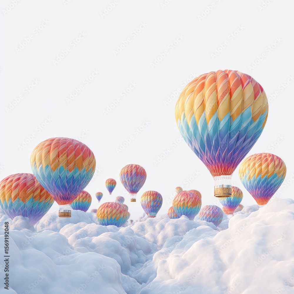 Fototapeta premium Colorful hot air balloons float over fluffy clouds
