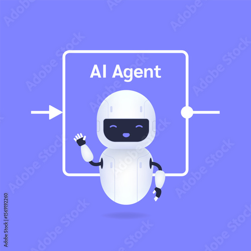Robot cartoon character waving hello with AI agent workflow design, representing advanced technology and automation illustration.