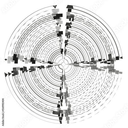Eccentric radiating pattern. Concentric annular segments. Abstract circumferential Vector. Dynamic rotational graphic.