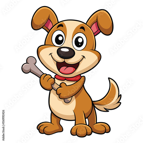 A cute cartoon dog with a big smile is happily holding a bone, symbolizing a happy pet, loyalty, and a reward.