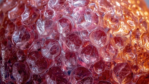 Unique texture of transparent pink bubble wrap close-up, highlighting intricate air pockets, ideal for packaging design, crafts, creative projects, with warm lighting and soft focus background