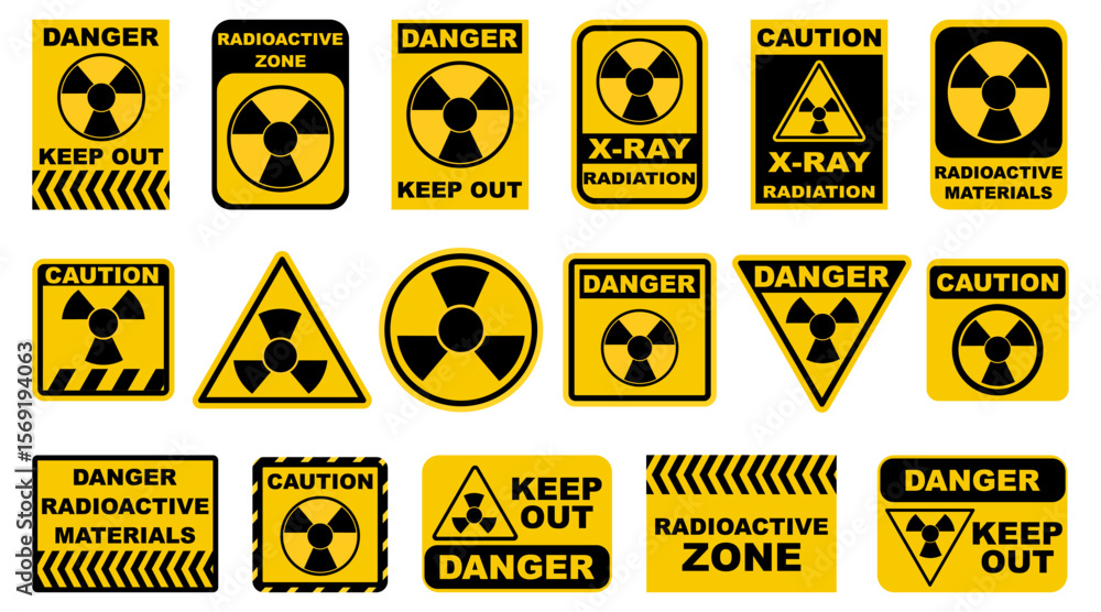 Obraz premium Radioactive sign collection in yellow and black. Radiation hazard and nuclear warning symbols for industrial or science use. Vector safety icons.