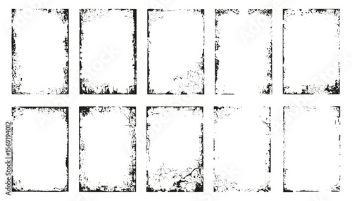 Collection of grunge distressed rectangle frames. Vintage borders with dirty, cracked textures for overlays, posters, or retro designs. Vector set on white background.