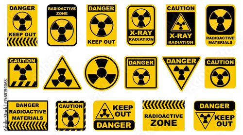 Radioactive sign collection in yellow and black. Radiation hazard and nuclear warning symbols for industrial or science use. Vector safety icons.