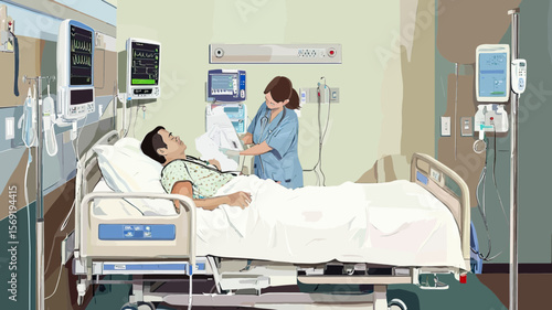 Hospitalized patient lying in modern hospital bed with nurse checking intravenous drip and medical monitors in healthcare room flat vector illustration