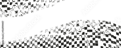 Grunge checkered flag background. Black abstract racing texture with dirty squares for motorsport or speed-related designs. Vector banner.