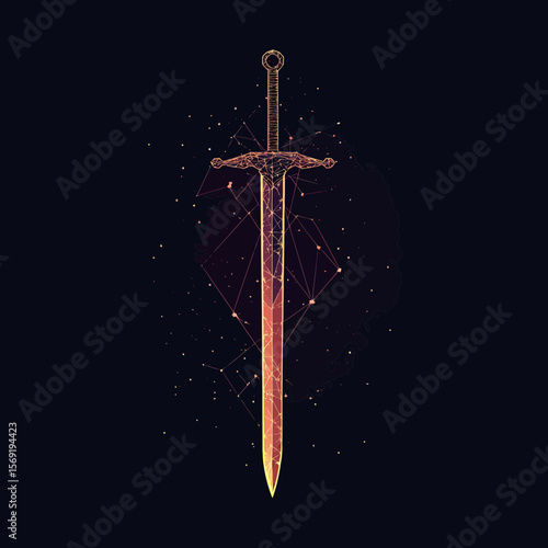 Low poly polygonal medieval sword with glowing orange lines and geometric points on dark background digital vector illustration of weapon and security concept