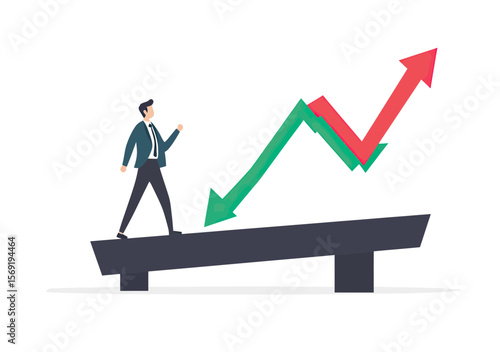 Businessman balancing on seesaw with overlapping green downward and red upward arrows representing investment gains and losses financial risk and market volatility concept