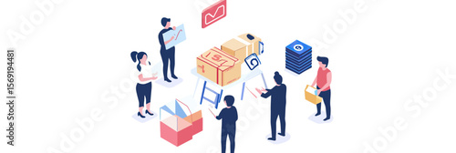 Isometric group of people organizing donation boxes and goods for charity distribution in minimalist flat vector style