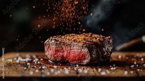 Sizzling steak sprinkled with spice