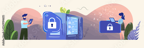 People interacting with digital security icons representing cyber security, data protection, online privacy, cloud and server safety concepts in minimalist flat style