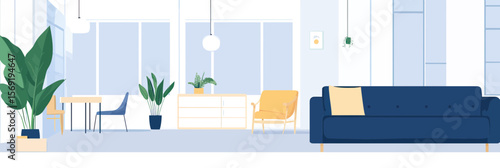 Modern minimalist living room interior with blue sofa, yellow armchair, indoor plants, dining table with chairs, large windows, and bright open space design in flat vector style