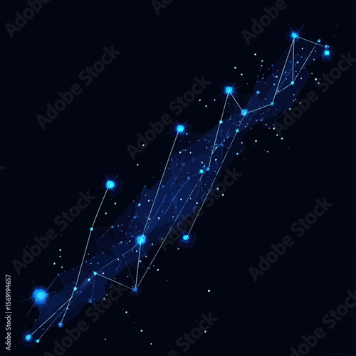 Abstract blue glowing polygonal growth chart with connected star points and upward trend line on dark background vector illustration
