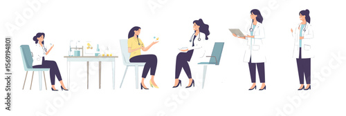 Women consulting doctor and pharmacist with pills prescription and medical testing in minimalist flat vector illustration for healthcare concept