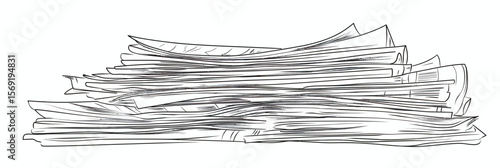 Minimalist one line drawing of stacked newspapers in black and white vector illustration showing folded newsprint and paper edges in simple outline style for media concept design