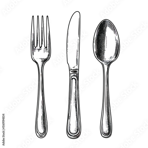 Hand drawn vintage fork knife spoon set realistic black and white sketch illustration for tableware and dining utensil design concept vector image