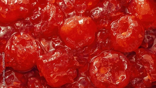 Unique texture of glossy red candied cherries close-up, vibrant colorful pattern perfect for food packaging, baking decoration, dessert menu backgrounds, festive holiday treats, bright shiny surface 