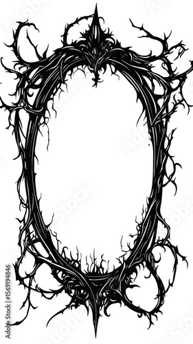 Intricate Gothic oval mirror frame with twisted thorn branches black silhouette decorative design vector isolated on white background detailed dark ornamental border