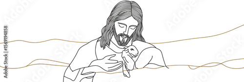 Continuous line drawing of Jesus Christ holding lamb vector minimalist Christian religious illustration pastoral care concept spiritual guidance symbolic art