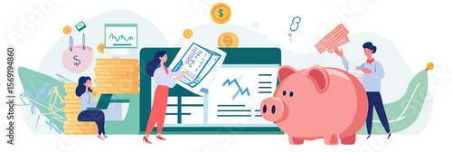 Flat vector illustration of diverse people analyzing finances with charts and graphs, digital tablet, piggy bank saving money concept