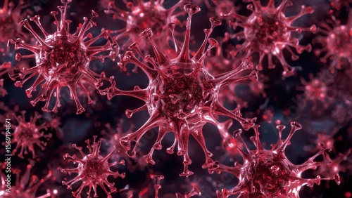 Unique texture of red virus particles floating in dark background, detailed microscopic view for medical, science, healthcare, pandemic concepts, biotechnology, and research themes, digital 3D illust
