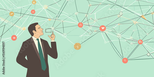 Businessman holding megaphone communicating through network connections with floating social media and communication icons flat vector illustration
