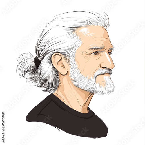 Mature man with beard and ponytail profile view white background illustration