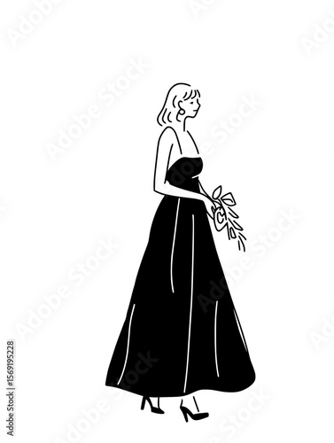 Romantic drawing of a woman in an evening dress with flowers, for wedding or celebration concept.