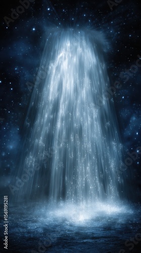 Ethereal Waterfall with Sparkling Light in Night Sky Background