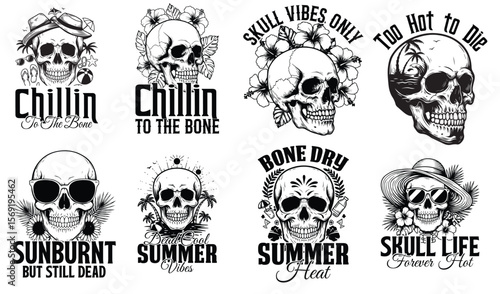 Collection of summer themed skull designs with tropical elements for tattoo and graphic design