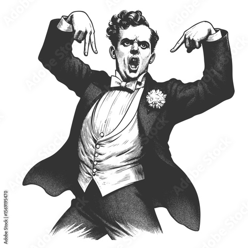 gentleman in a tuxedo striking a flamboyant dance pose with exaggerated flair sketch engraving generative ai fictional character vector illustration. Scratch board imitation. Black and white image.