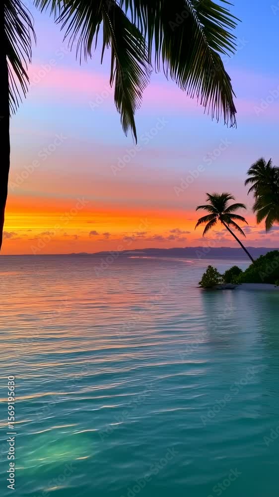 Tropical Paradise Sunset: A serene tropical seascape showcases a breathtaking sunset, with palm trees silhouetted against the colorful sky, casting a warm glow over the tranquil ocean. Tropical Paradise Sunset: A serene tropical seascape showcases a breathtaking sunset, with palm trees silhouetted against the colorful sky, casting a warm glow over the tranquil ocean.